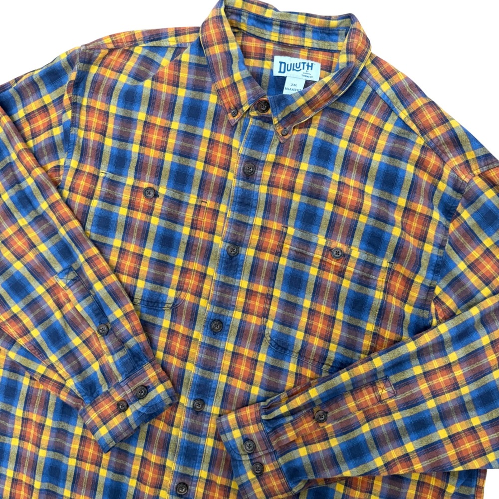 Duluth Trading Free Swingin Flannel Men 2XL Blue Yellow Plaid Relaxed Fit 52007
